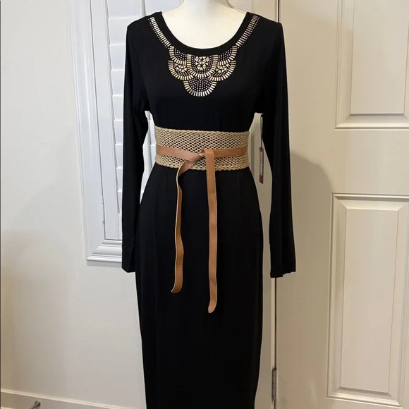 Vince Camuto Black Long Sleeve Maxi Dress Embellished Neckline New Medium - Picture 1 of 8